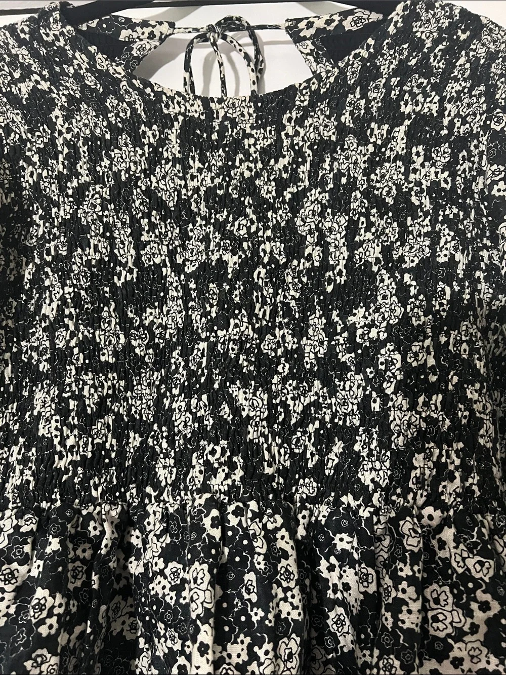 Anthropologie Black and White Smocked Floral Peplum Blouse